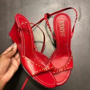 Y2K Franco Sarto Red Ankle Strap Wedges with White Stitching #90s #Y2k #Summer